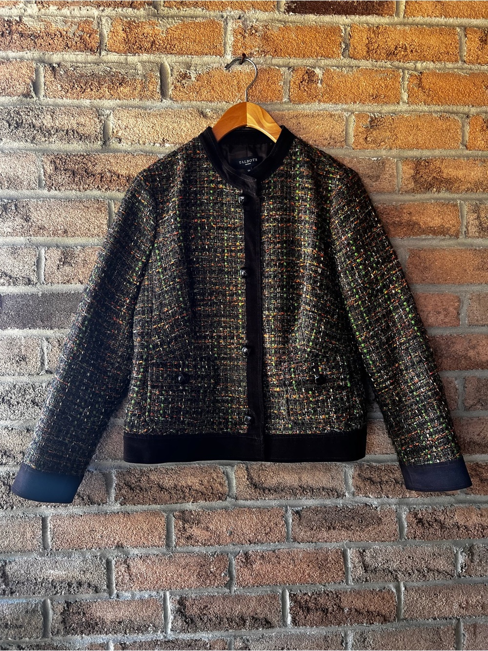 Talbots Petites Multicolour Tweed Jacket 10P Black Trim Collarless Blazer